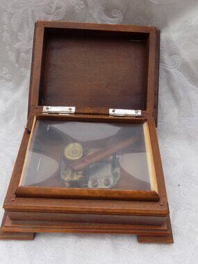 Reuge Wooden Music Box: Swiss Movement Love Story, Girl and Bird Lid Art, Handle